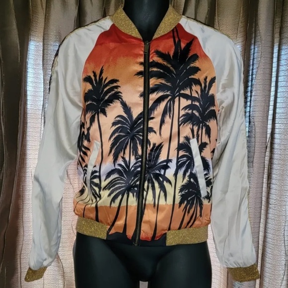 SAINT LAURENT Palm Tree Print Satin Bomber Jacket Unisex Size FR 46 - Picture 1 of 16